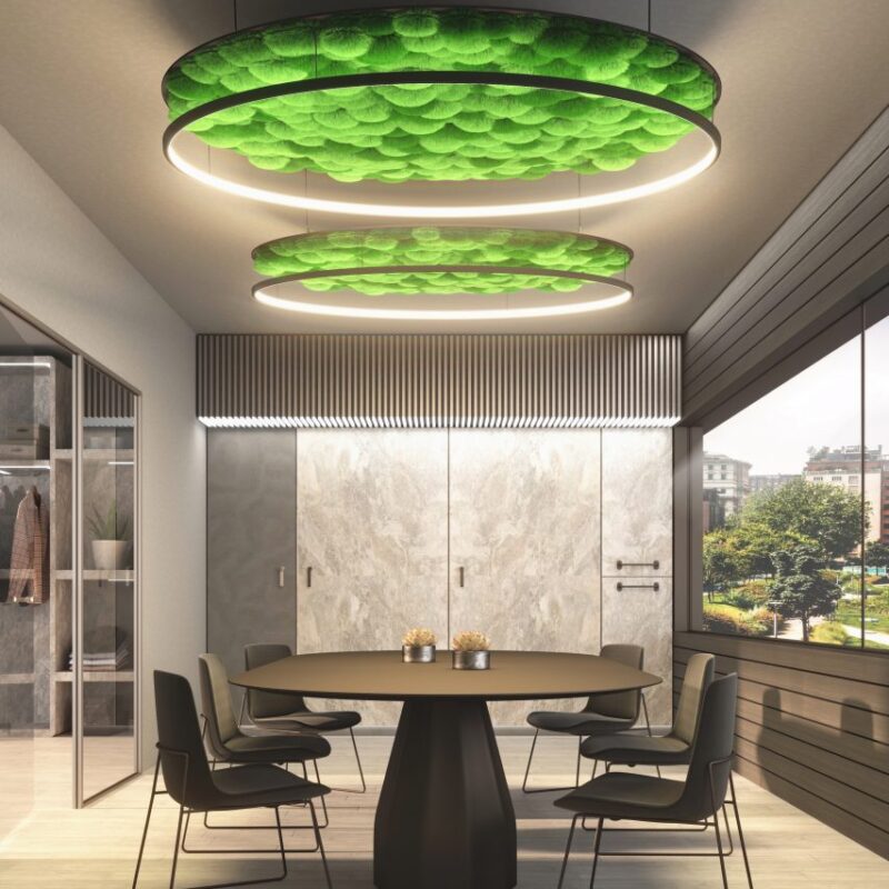 Luminaria colgante biofilica saiho en salon moderno y espacioso