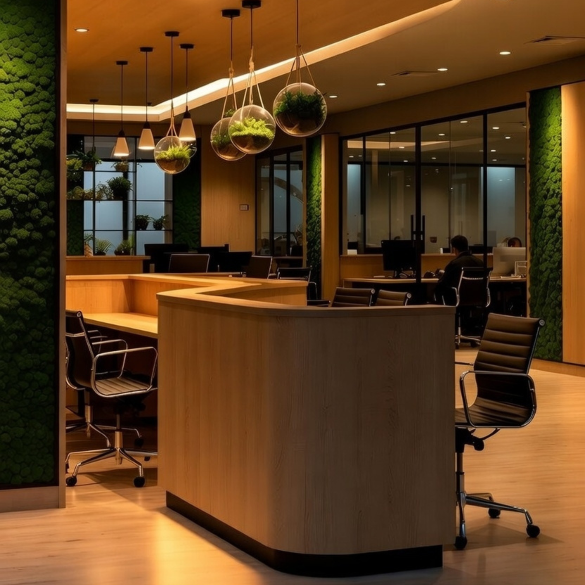 Oficina de madera moderna con jardines verticales