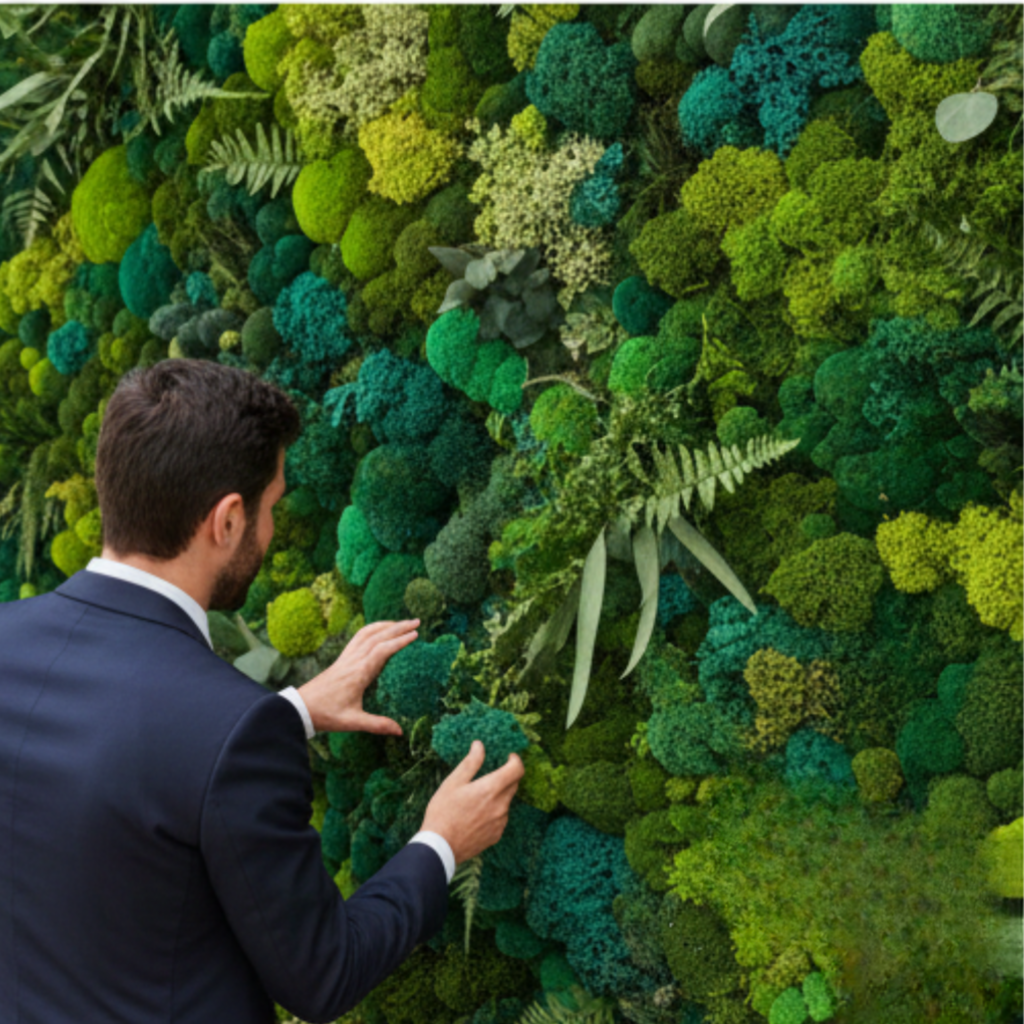 Primer plano de una persona tocando la textura suave y real de un jardín vertical de musgo preservado de Saiho.