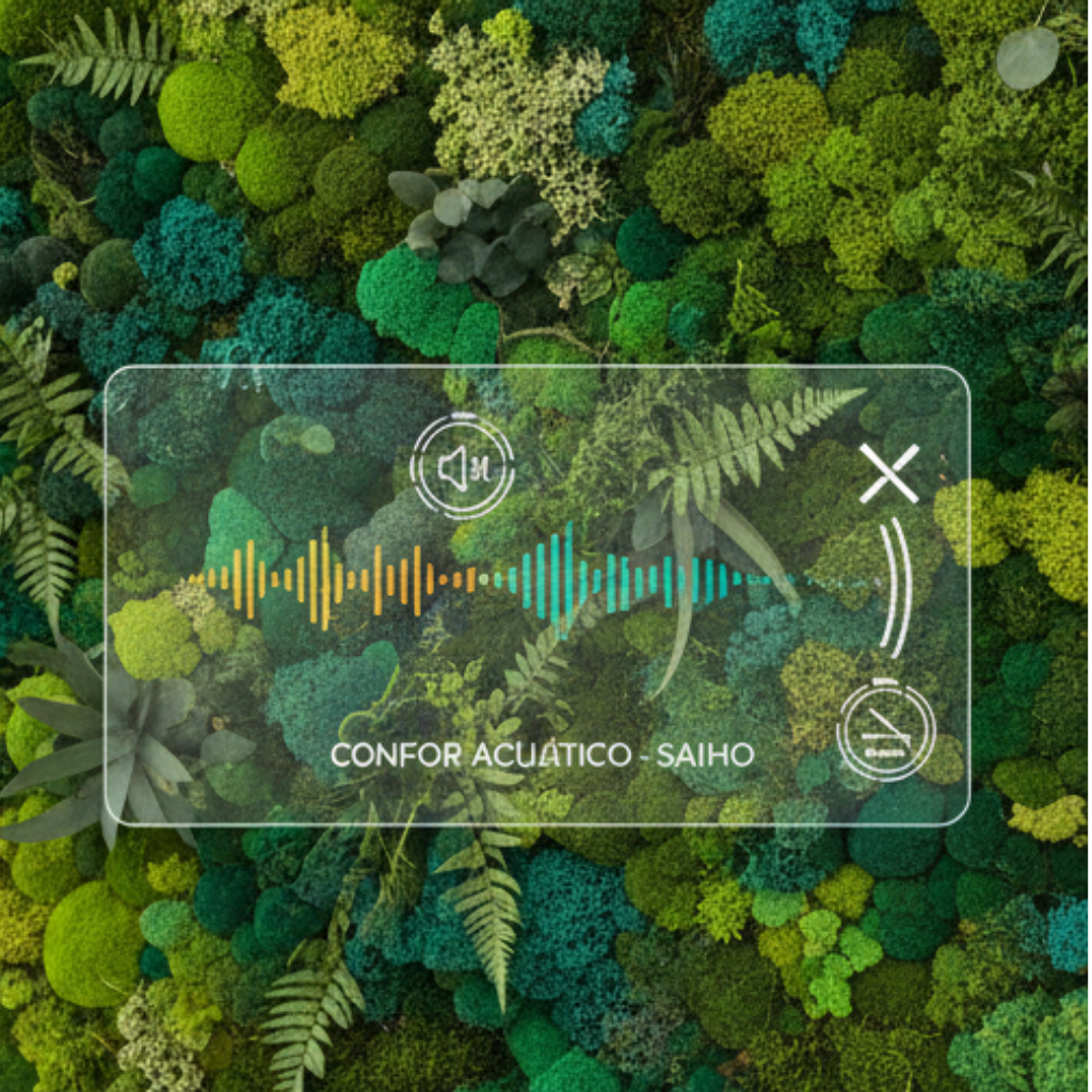 Gráfico de ondas sonoras sobre un jardín vertical de musgo de Saiho, ilustrando su capacidad de absorción acústica y reducción de eco.