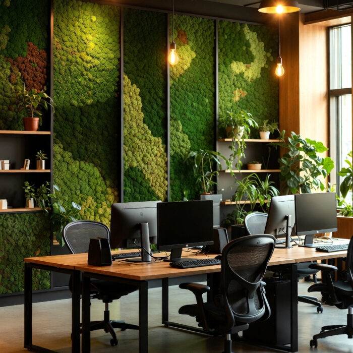 Oficina jardin vertical musgo mobiliario negro