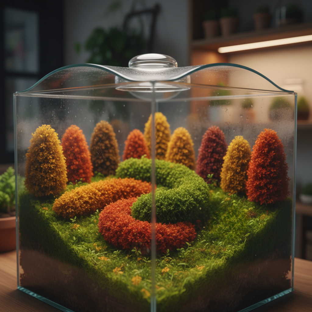 Microcosmos de musgos y plantas estabilizadas con diferentes pigmentos naturales tras el proceso de preservación de Saiho.