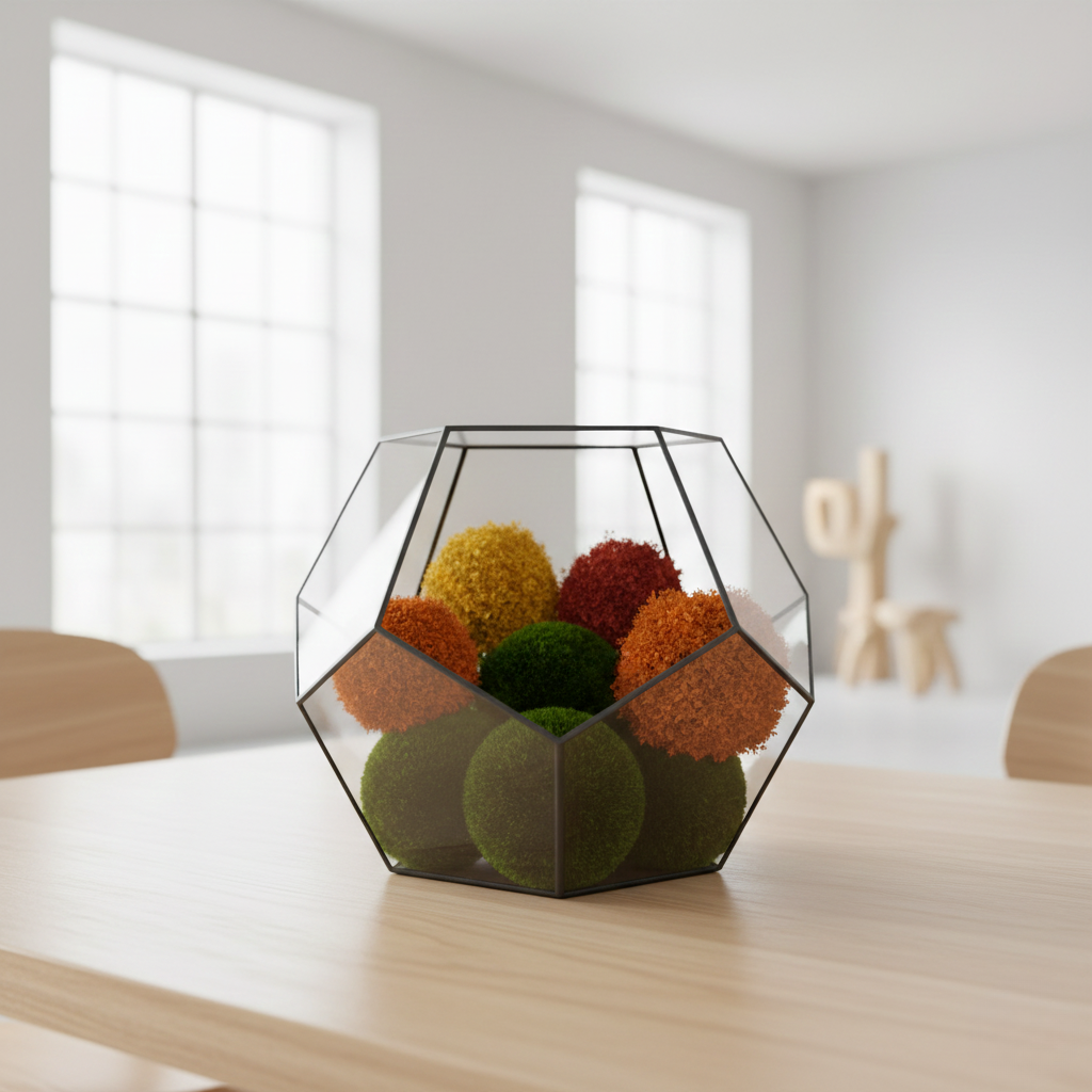 Composición de esferas de musgo preservado en distintos colores (verde, ocre, burdeos) demostrando el acabado final tras el proceso de estabilización de Saiho.