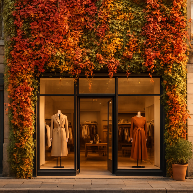 Tienda decorada con jardin vertical tonos otoñales