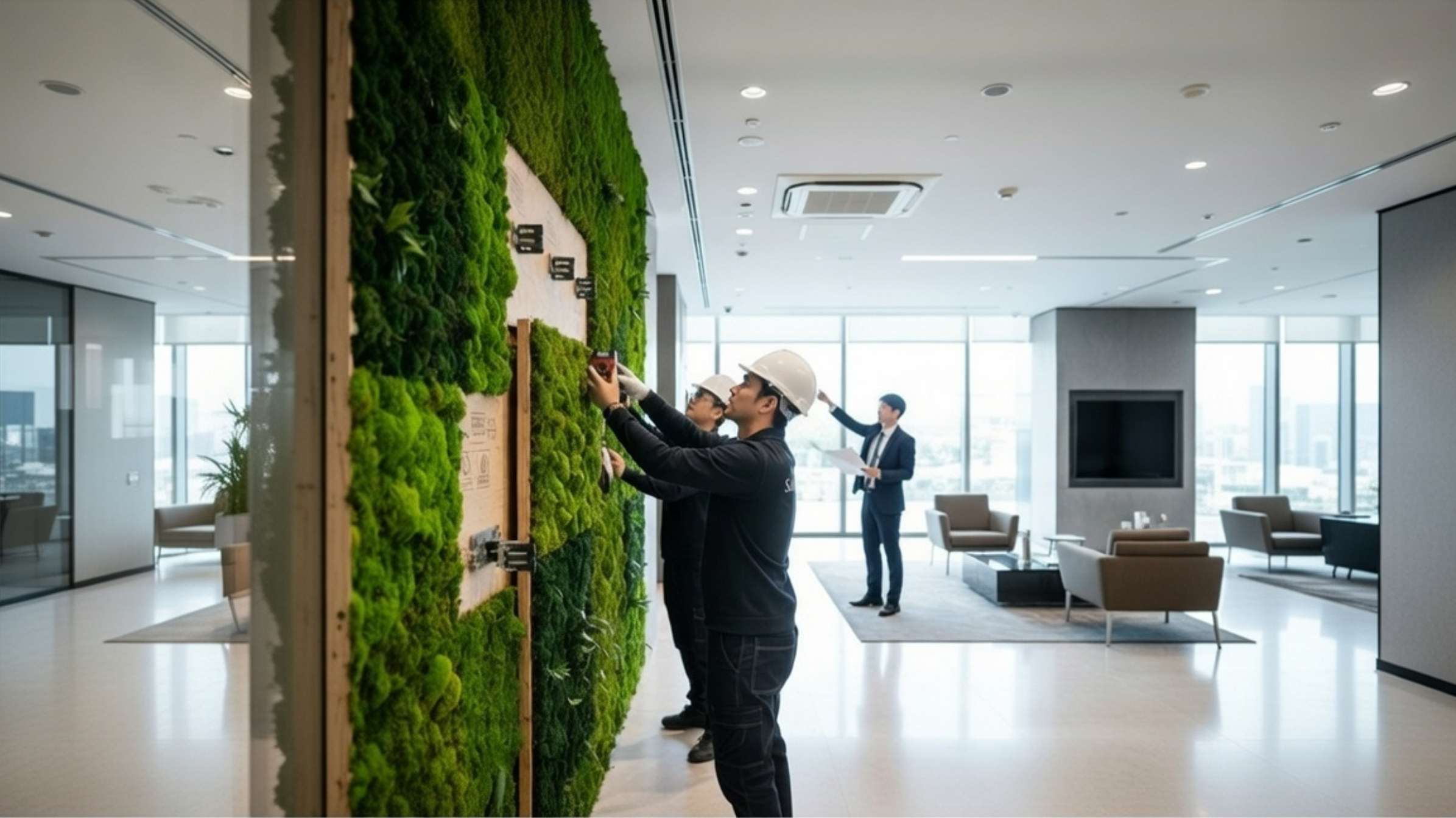 Técnicos de Saihō realizando la instalación de un jardín vertical de musgo preservado, asegurando anclajes estructurales y coordinación con sistemas de climatización HVAC en una oficina.