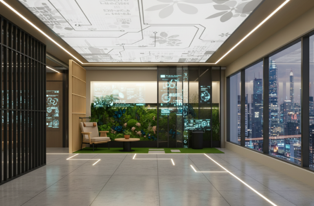 Espacio de oficina moderno con una pared de musgo preservado de Saiho, diseñado para mejorar la concentración y reducir el estrés laboral.